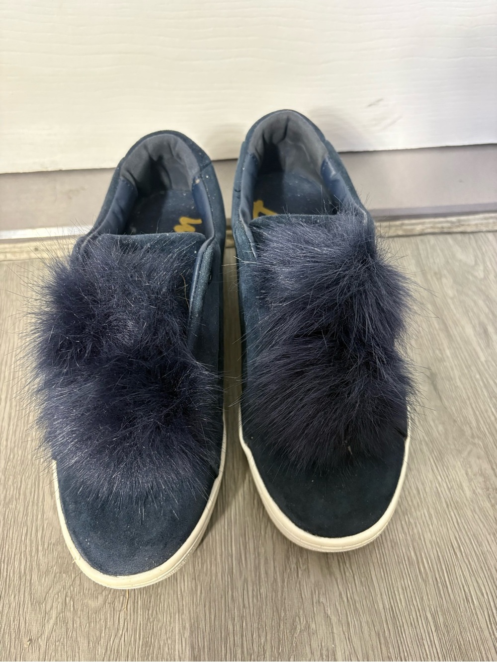 Sam Edelman Navy Slip-On Sneakers with Faux Fur Pom